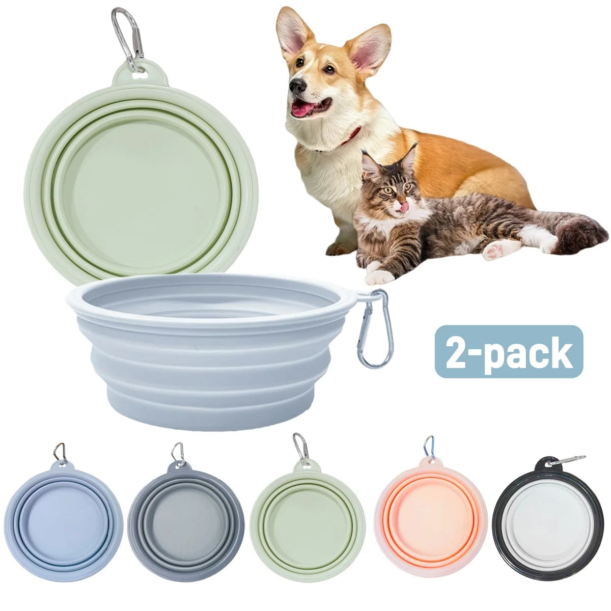 Collapsible Dog Travel Bowls – 2 Pack with Carabiners